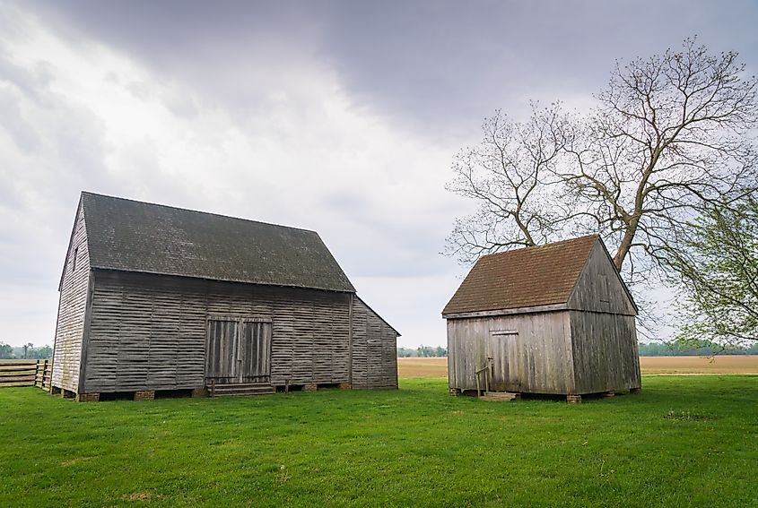 Log cabins at the First State National Historical Park in Delaware.