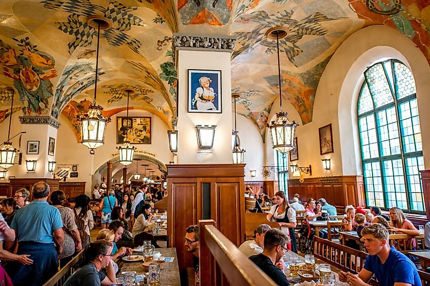 Crowded interior of famous Hofbrauhaus pub in Munich