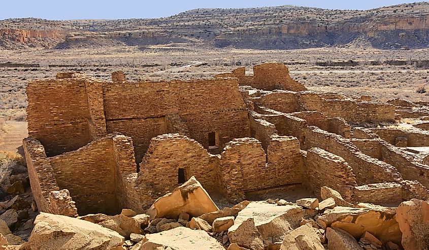 the ancient native american ruins of pueblo bonito in chaco culture national historical park on a sunny winter day near farnmington, new mexico