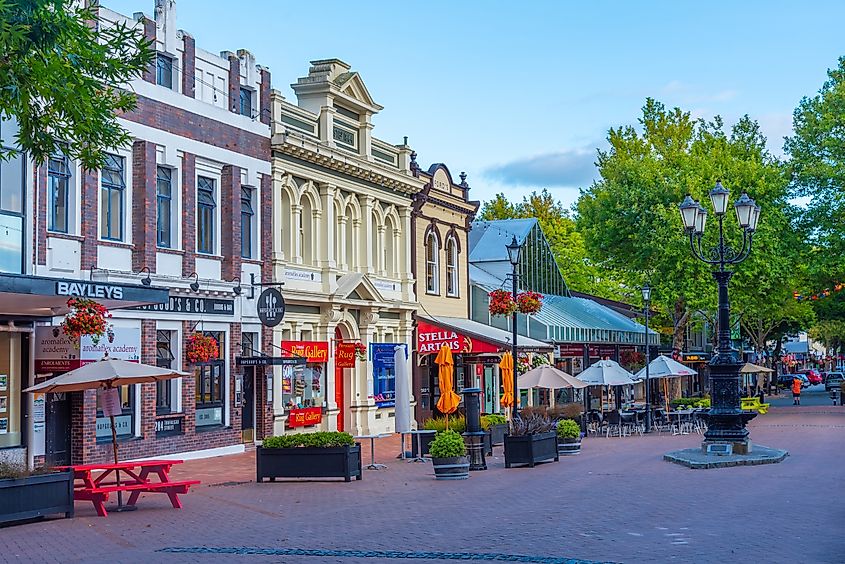 Trafalgar Street in the center of Nelson, New Zealand.
