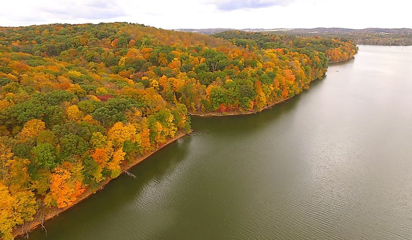 Aerial view of a beautiful country scene near Loudonville Ohio. Pleasant Hill Lake and dam are popular spots for fun, hiking, and beautiful views.
