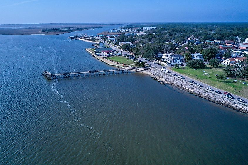 Wide aerial view of downtown Southport NC