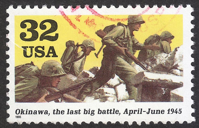 a post stamp printed in the USA, dedicated to the World War II - Okinawa, the series "World War II", circa 1995