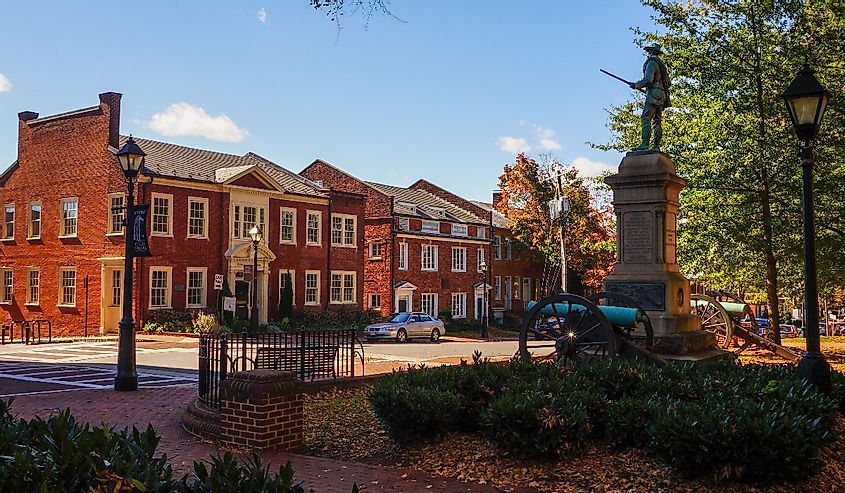 Historic Court Square in Charlottesville, Virginia. Redbrick building courtyard.