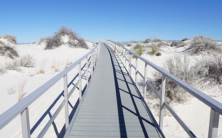 View of the Interdune Boardwalk at White Sands National Park, New Mexico.