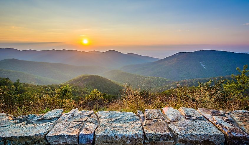 Sunset over the Blue Ridge Mountains, from Skyline Drive, in Shenandoah National Park, Virginia.