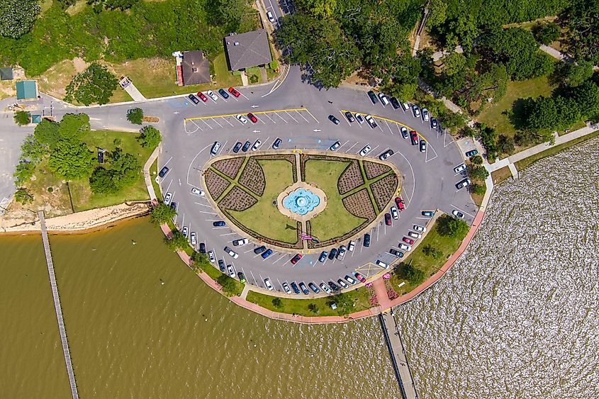 Aerial view of the waterfront in Fairhope, Alabama.