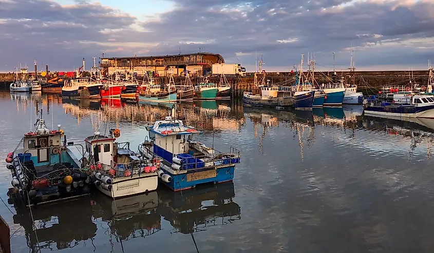 Fishing Boats in Harbor in Bridlington, East Riding of Yorkshire, England, United Kingdom.