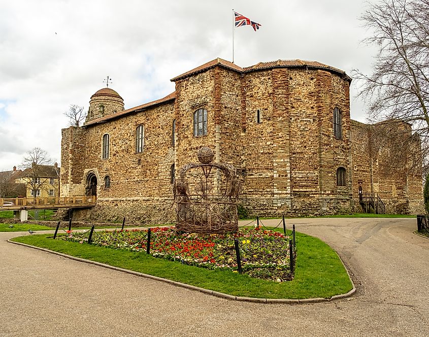 Colchester, Essex, UK - March 18 2024. The exterior of the ancient and historic castle in the town of Colchester, one of the oldest towns in the UK