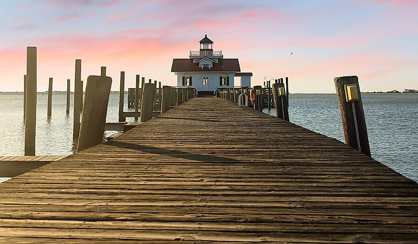 Roanoke Marshes Lighthouse with beautiful sky, Manteo, North Carolina. Roanoke Marshes Light was a screw-pile lighthouse in North Carolina.