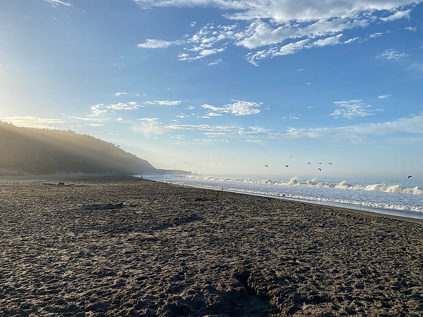 Sun rays begin to clear beachside mountains, lifting the morning fog.