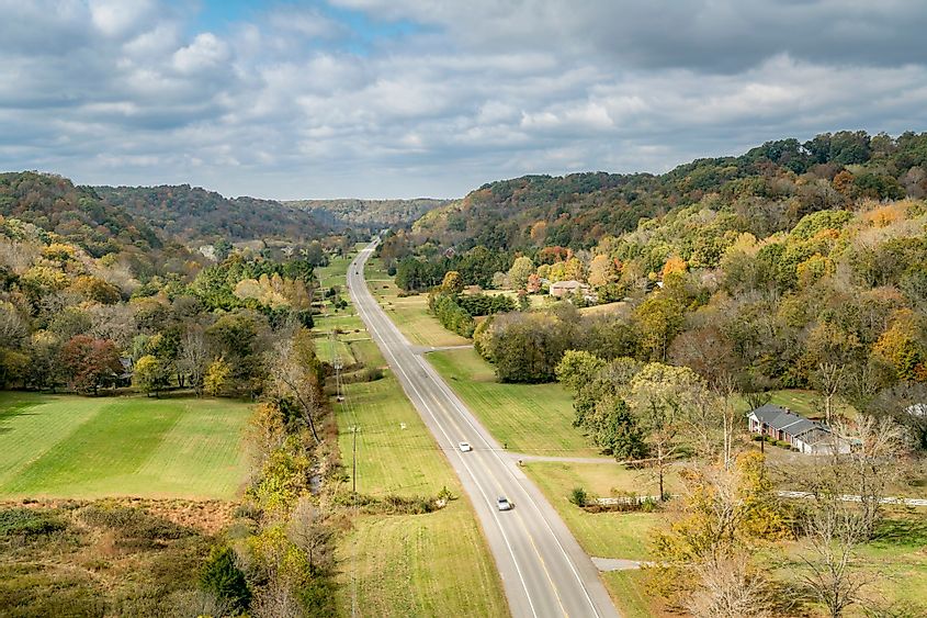 Tennessee Highway 96 as seen from Double Arch Bridge at Natchez Trace Parkway near Franklin, Tennessee during fall