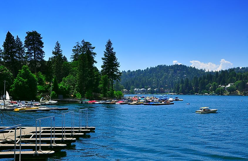 View of Lake Arrowhead, California with boats on a dock.