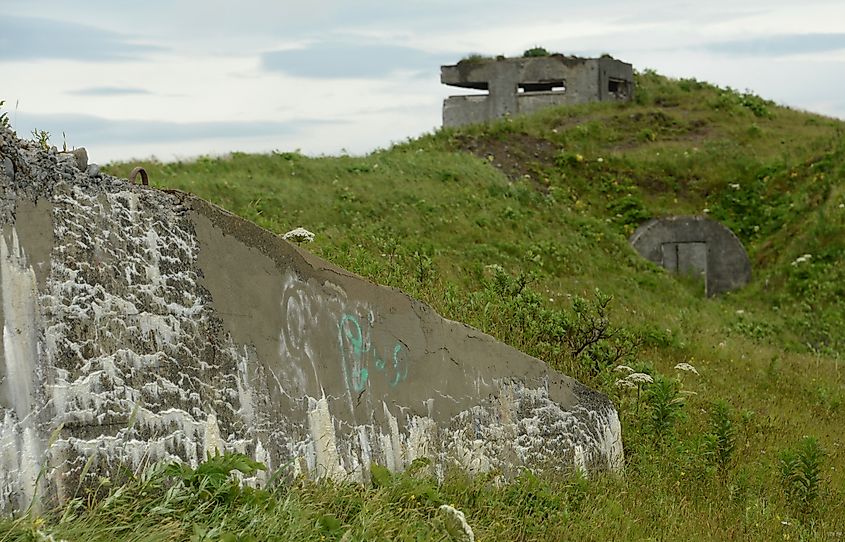 The remnants of coastal defense bunkers are seen at Fort Schwatka.