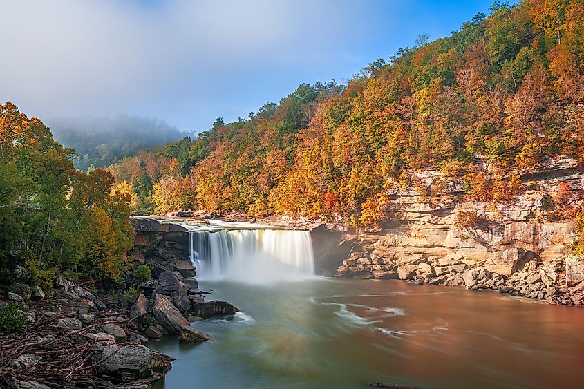 The spectacular Cumberland Falls draped in fall foliage.