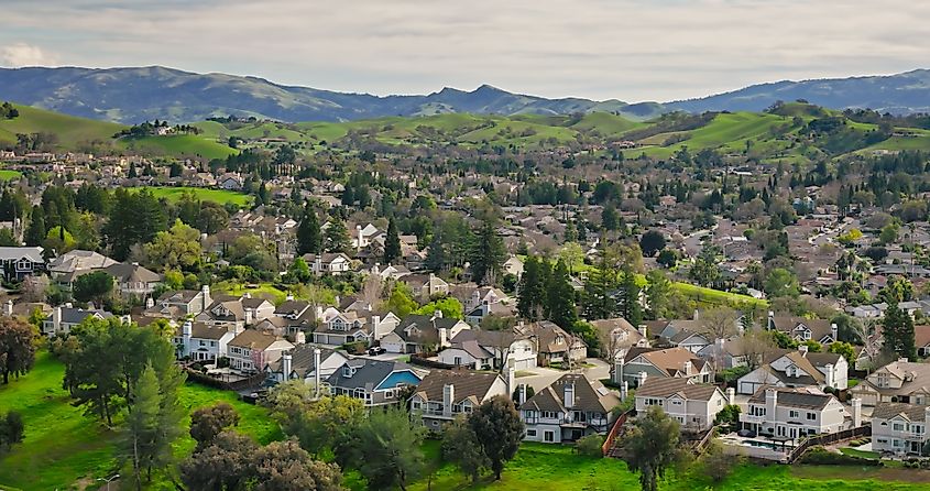 Aerial shot of suburbia in Pleasanton, a city in Alameda County, California.