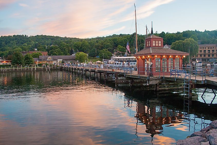 Watkins Glen, New York: Reflection and pier on Seneca Lake.