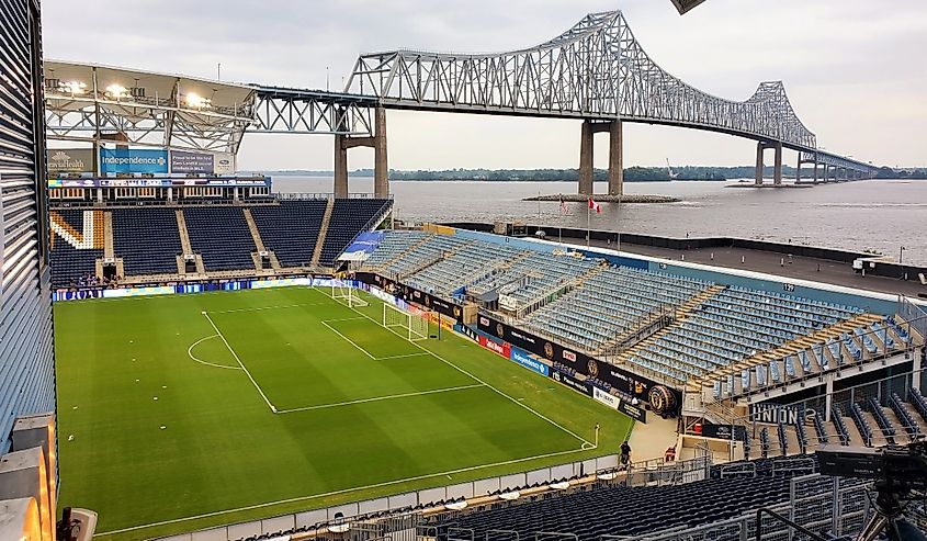 The distance view of Commodore Barry Bridge from Subaru Park stadium in Chester, Pennsylvania.