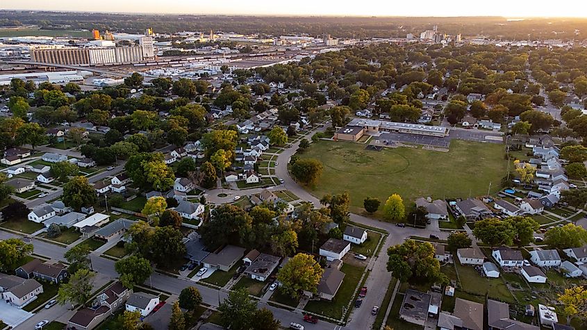 Sunset aerial view, Fremont, Nebraska, USA.