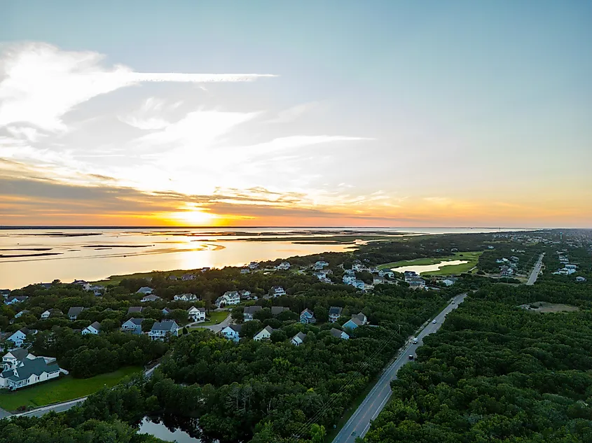 Aerial view of Corolla, North Carolina, at twilight.