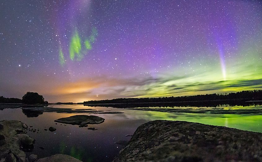 The Northern Lights over the skies of Voyageurs National Park in northern Minnesota