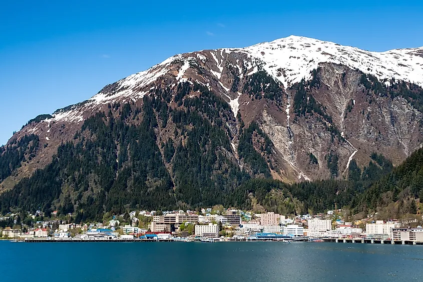 The waterfront and mountains of Juneau, Alaska.