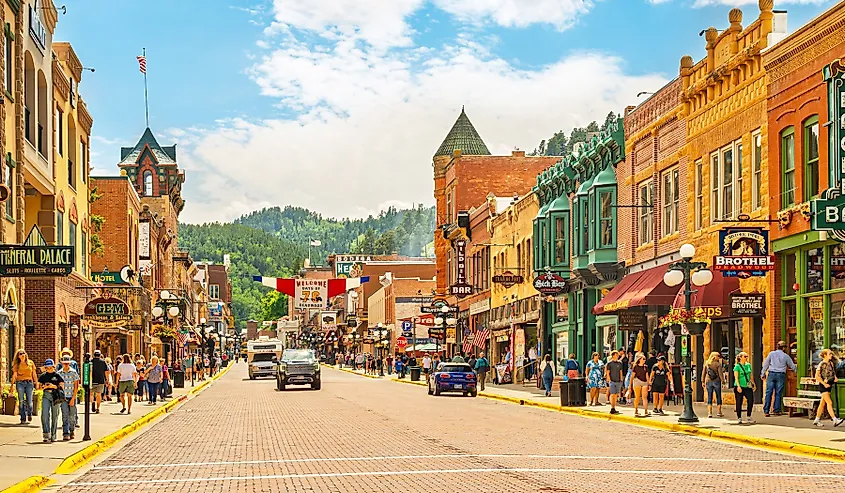 Deadwood, South Dakota, with boutique stores and restaurants.