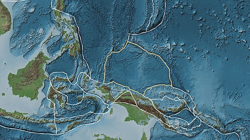 Area of the Caroline tectonic plate marked with a solid yellow line