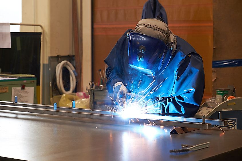 Welder at a steel manufacturing factory in Matsumoto, Nagano Prefecture, Japan