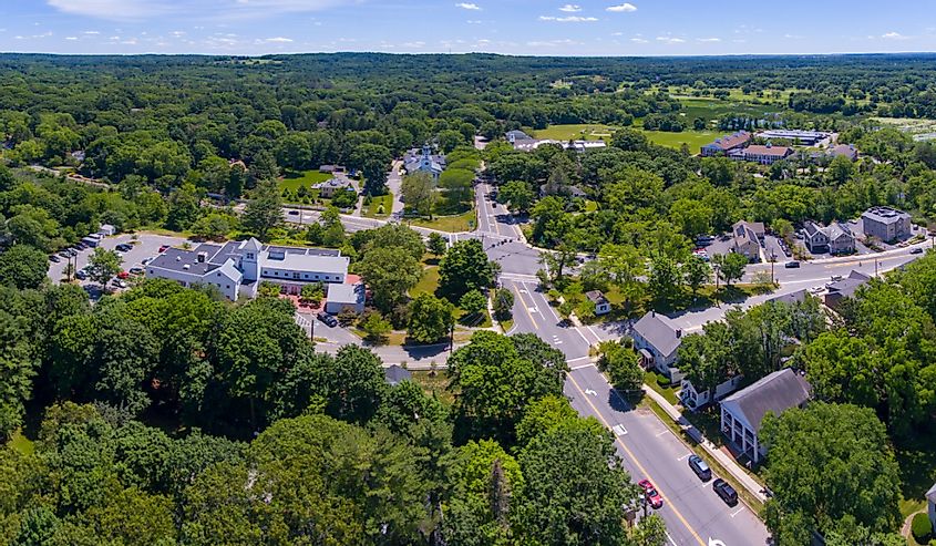 Wayland historic town center panoramic aerial view in summer at Boston Post Road and MA Route 27, including First Parish Church and Town Hall, Wayland, Massachusetts