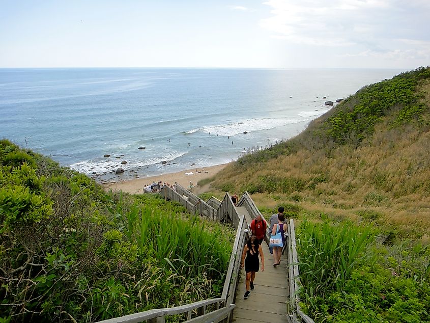 The stairs leading to the Mohegan Bluffs and beach on Block Island in New Shoreham, Rhode Island