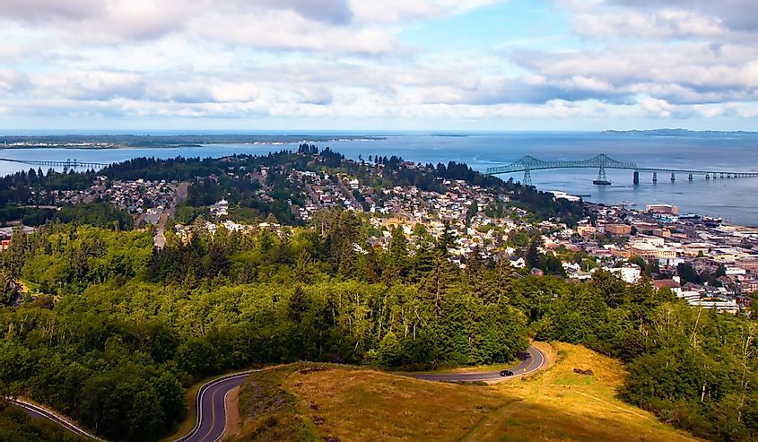 View from up high of Astoria, Oregon and the Columbia River