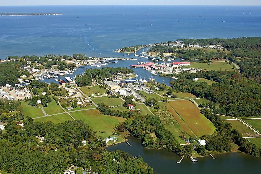 Aerial view of Deltaville, Virginia, via