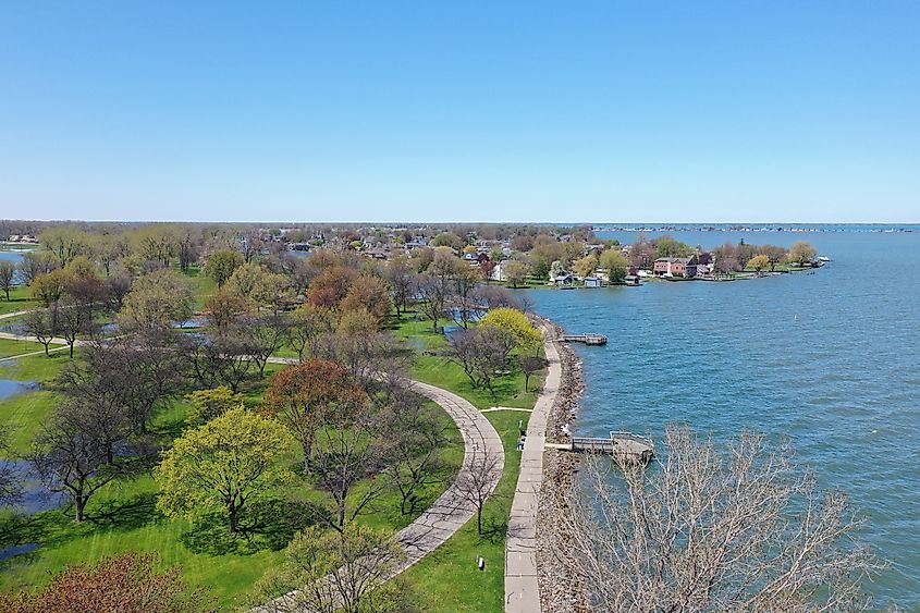 Aerial photograph taken at Lake St. Clair Metropark during the spring time. Harrison Township, Michigan.