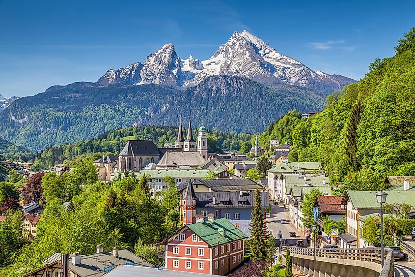 Historic town of Berchtesgaden with famous Watzmann mountain in the background o