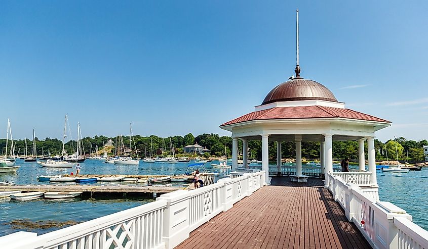 Gazebo in Manchester-by-the-Sea, Massachusetts with boats in background.
