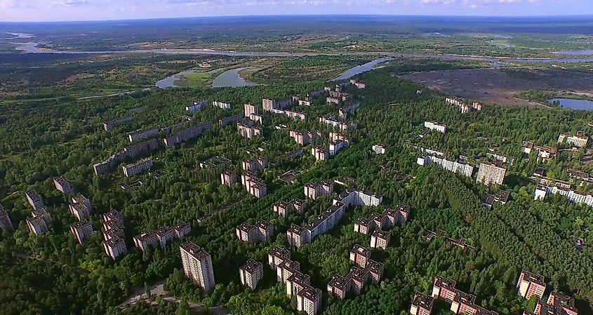 Aerial. Chernobyl Disaster Exclusion Zone The Abandoned City of Pripyat near Chernobyl, Ukraine.
