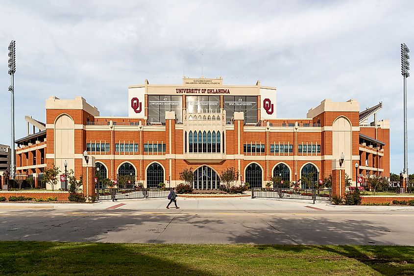The southern entrance of the Gaylord Family Oklahoma Memorial Stadium at the University of Oklahoma in Norman, Oklahoma