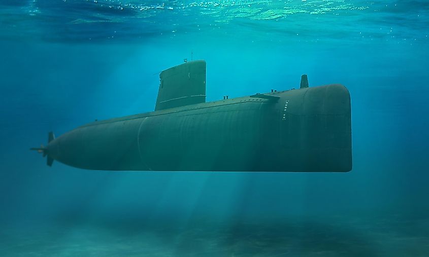A crewed submarine submerged deep underwater.