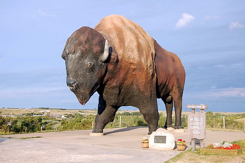 The World's Largest Buffalo, can be seen from I-94, and is nicknamed Dakota Thunder. It is located in Frontier Village in Jamestown, ND Editorial credit: Daniel M. Silva / Shutterstock.com