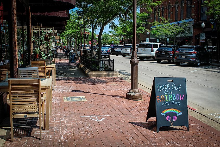 Wausau, Wisconsin: A view of a charming historic downtown area with a cafe.