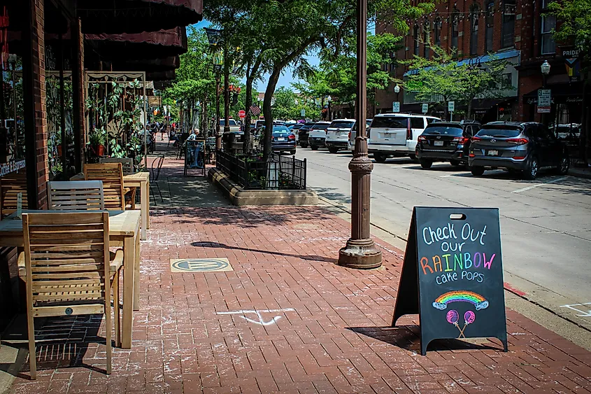 Wausau, Wisconsin: A view of a charming historic downtown area with a cafe