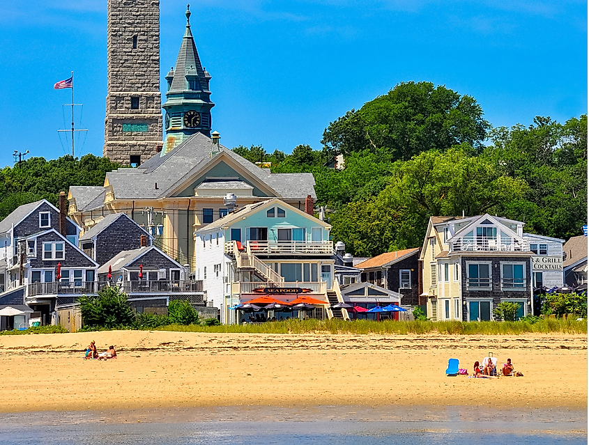 Beach view of Provincetown, with the Pilgrim's monument in the background.