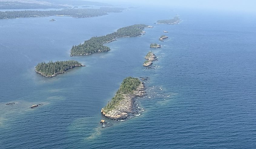Flying over Isle Royale National Park in Michigan in a seaplane.