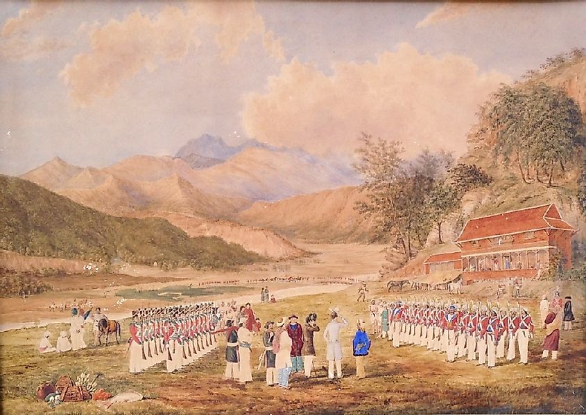 Bhimsen Thapa's troops, right, at Segauli, 1816, with India Pattern Brown Bess muskets and chupi bayonets