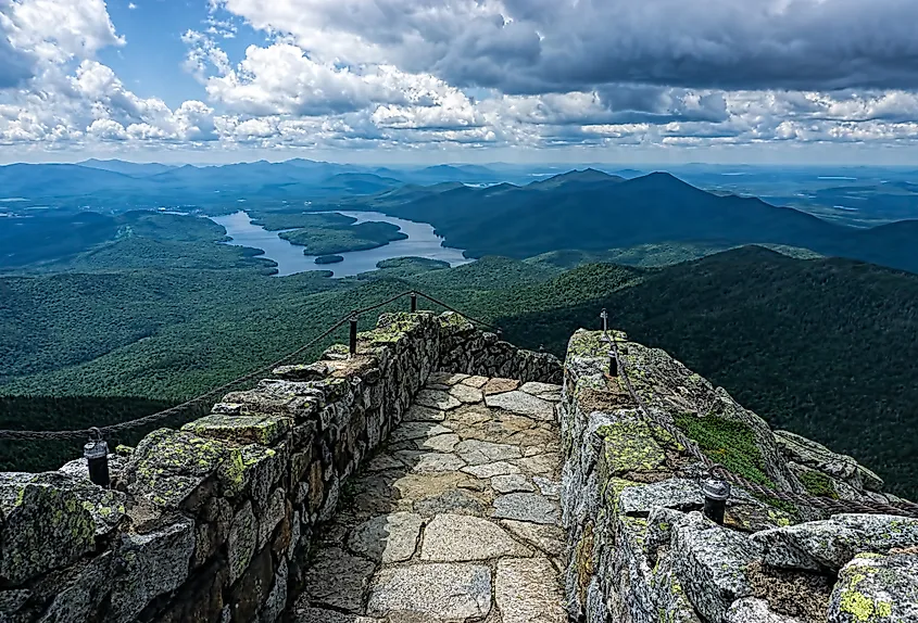The stone path near the summit of Whiteface Mountain, New York, looking over Lake Placid.