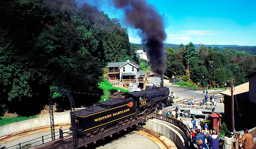 Frostburg, Maryland, USA, Western Maryland Railroad, train engine on the turnstile