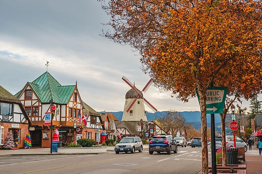 Solvang Main Street in Solvang, California, USA, showcasing traditional Danish-style architecture.