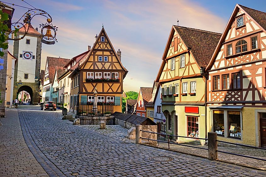 The medieval skyline of Rothenburg ob der Tauber with the Plönlein corner and Siebersturm tower.