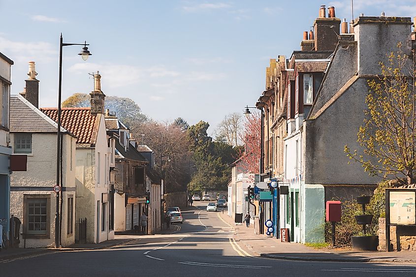 Charming and quaint high street of historic village of Aberdour, Burntisland in Fife, Scotland.